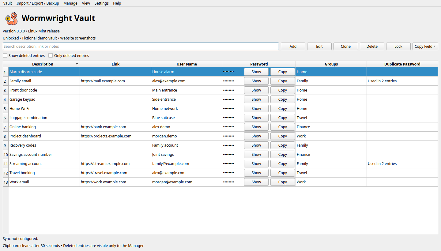 Everyday Vault view in Wormwright Vault, showing demo data
